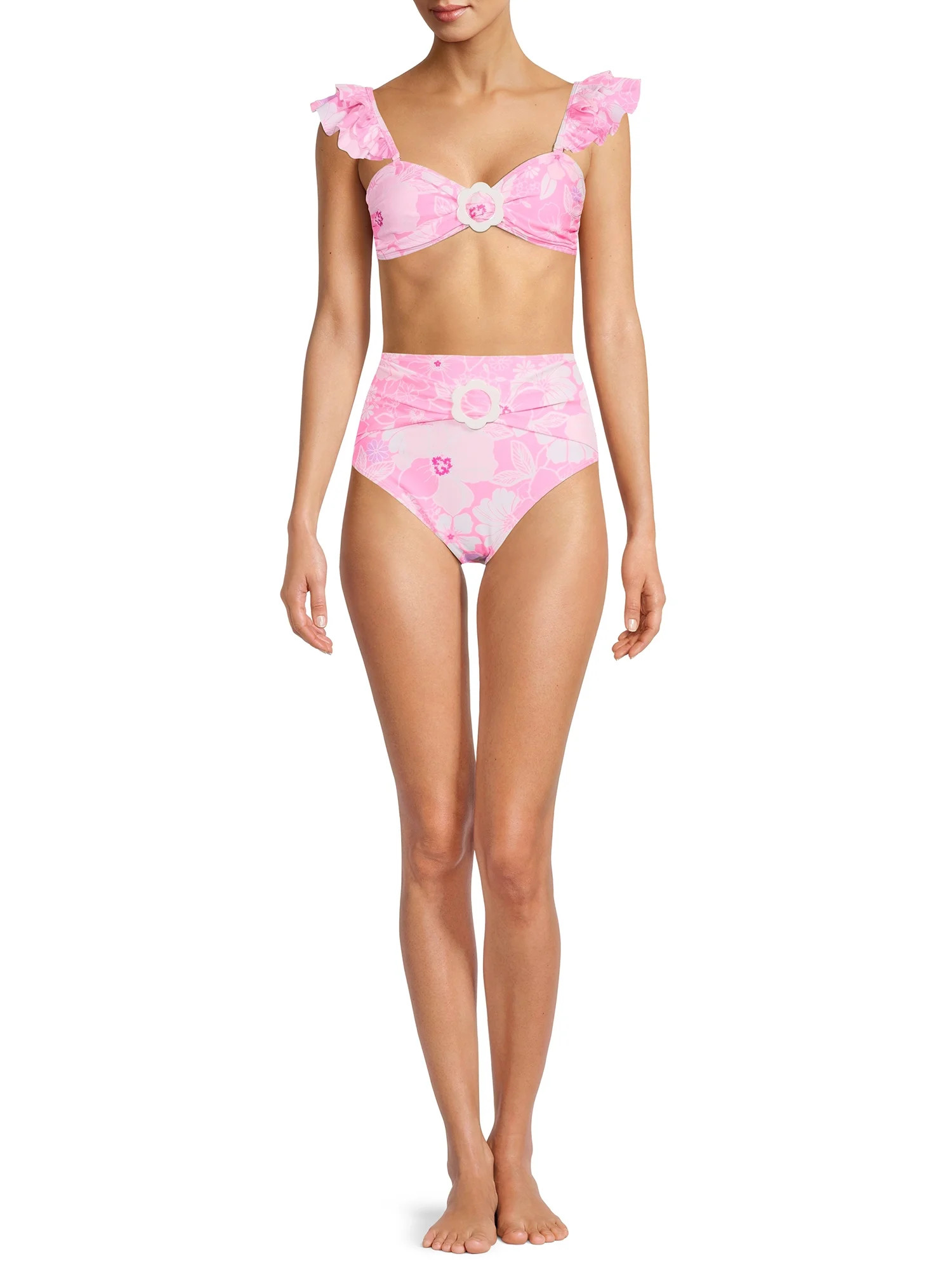 No Boundaries Junior's Ruffle Strap Floral Bandeau Swim Top - Walmart.com | Walmart (US)