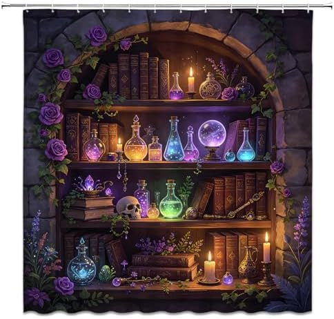 Halloween Bookshelf Shower Curtain Witchy Magical Apothecary Gothic Spooky Library Polyester for ... | Amazon (US)