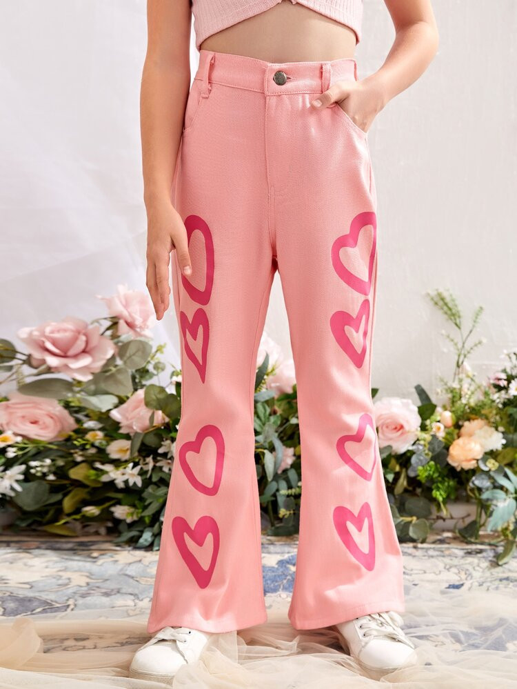 Girls Heart Print Flare Leg Jeans | SHEIN