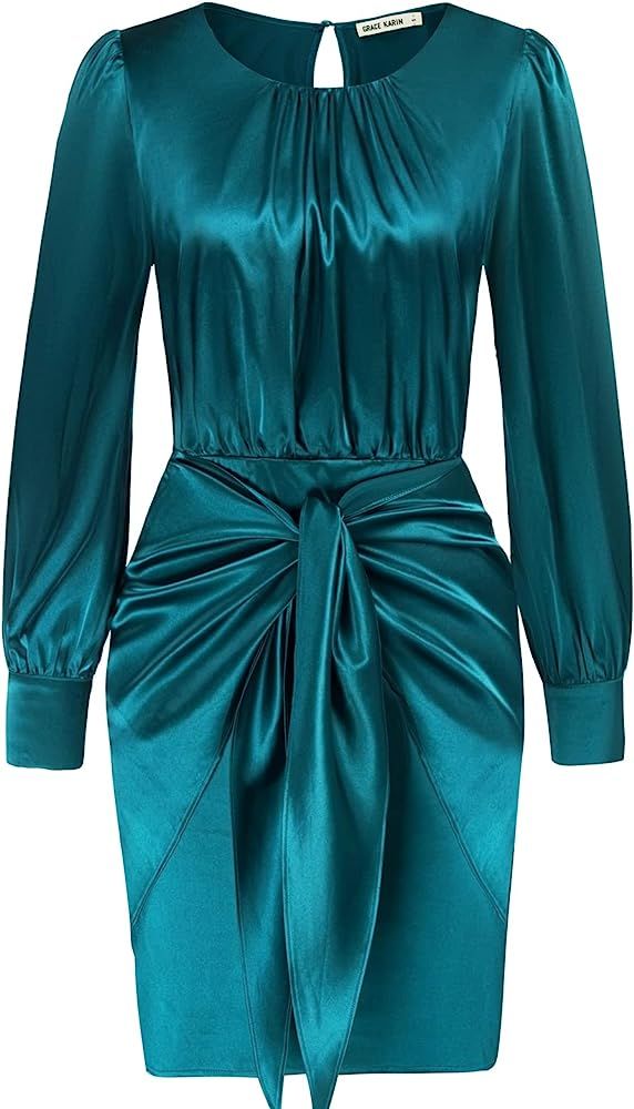 GRACE KARIN Womens Satin Long Sleeve Dress Tie Wrap Ruched Cocktail Dresses Wedding Guest Dresses | Amazon (US)