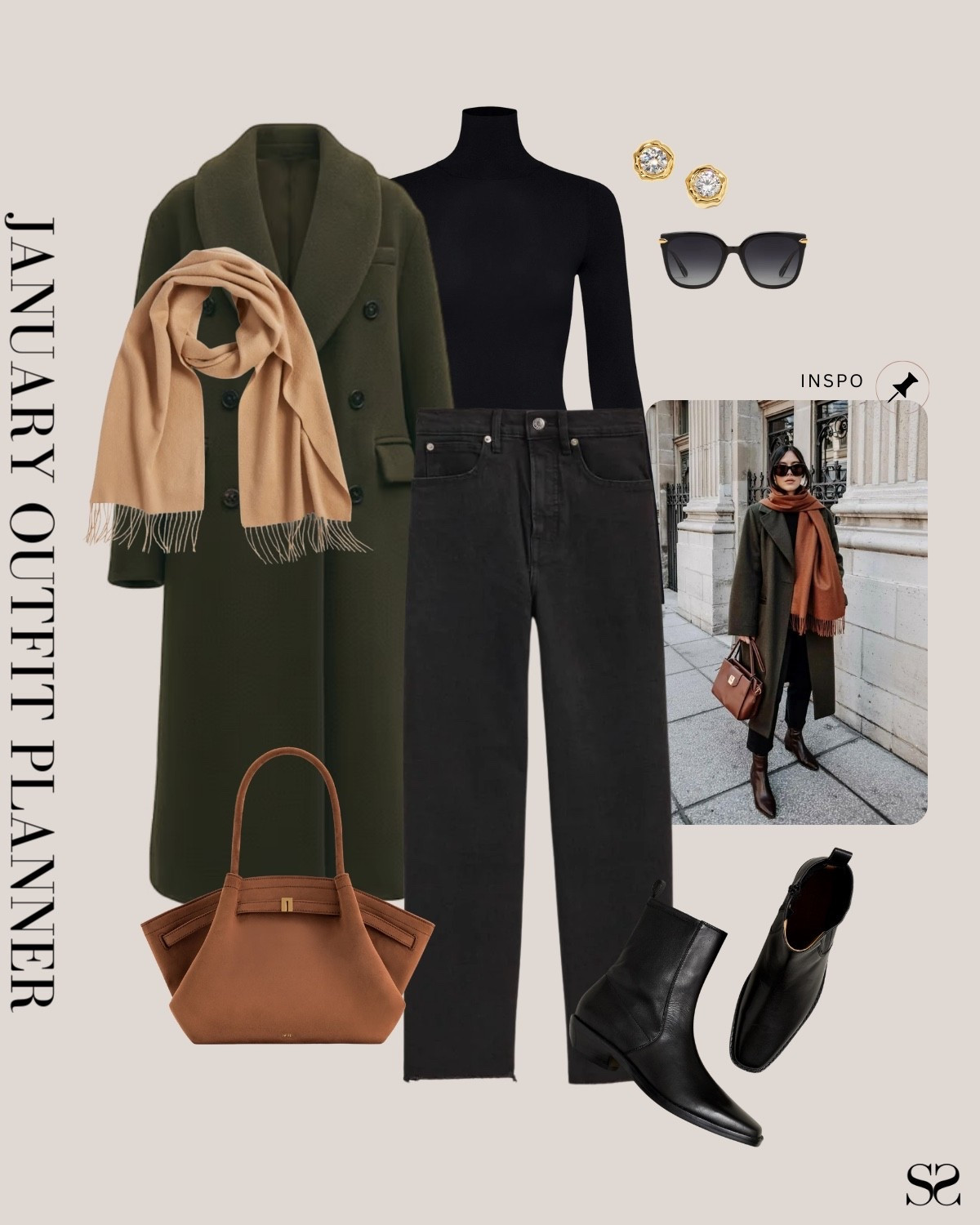 Monthly outfit planner JANUARY: Winter outfits | turtleneck tee, black skinny jean, olive long coat, camel scarf, leather tote, ankle boots 

#classicstyle #LTKstyletip #winteroutfit #casualchic 

Image inspo credit: Pinterest 

#LTKootd #LTKSeasonal #LTKgrwm