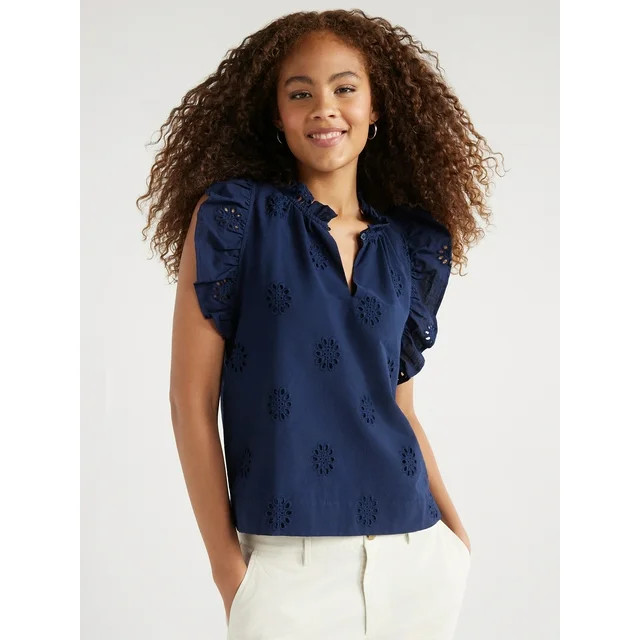 Free Assembly Women's Cotton Sleeveless Flutter Eyelet Top, Sizes XS-XXL | Walmart (US)