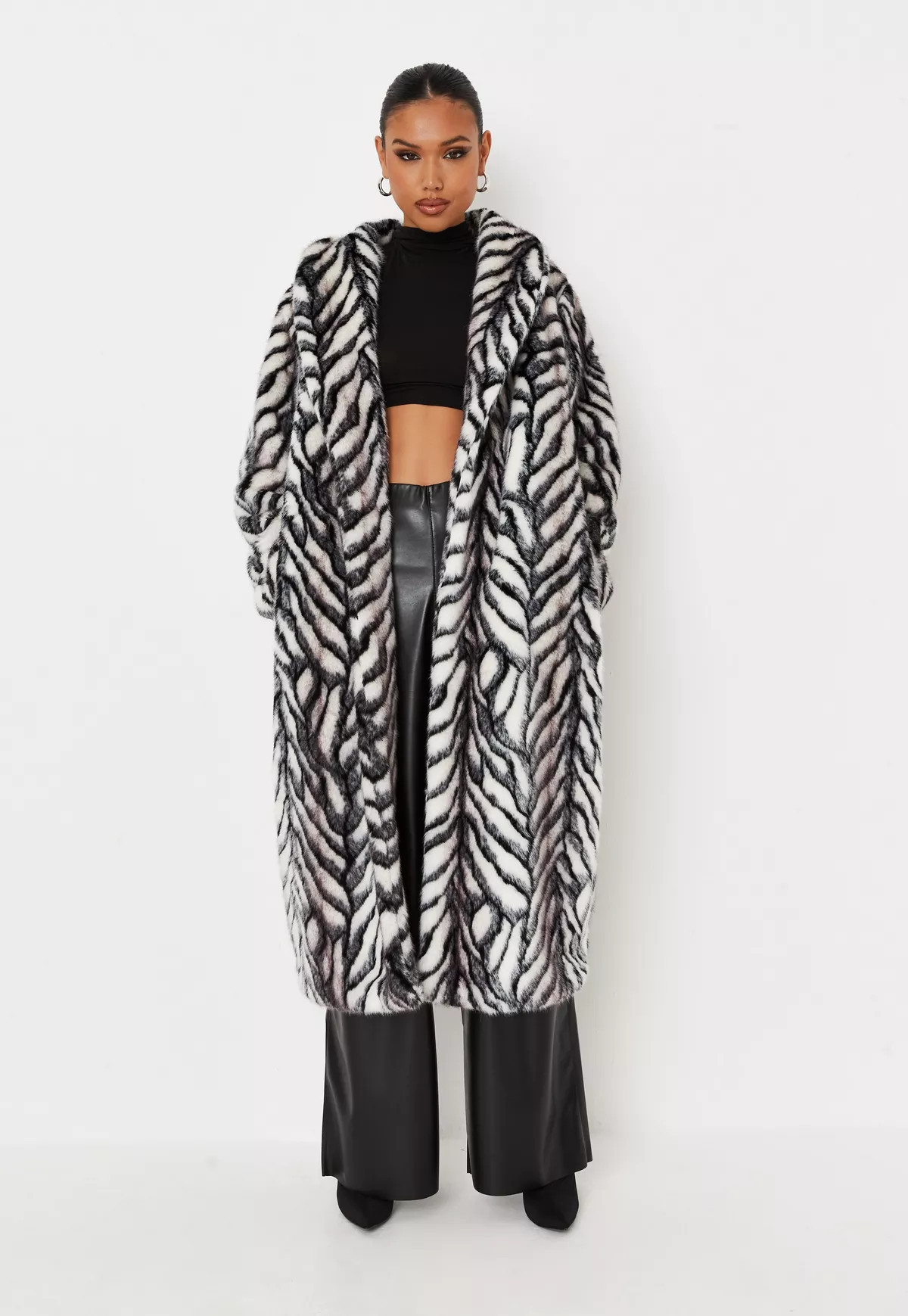 Missguided - Black Chevron Faux Fur Longline Coat | Missguided (US & CA)