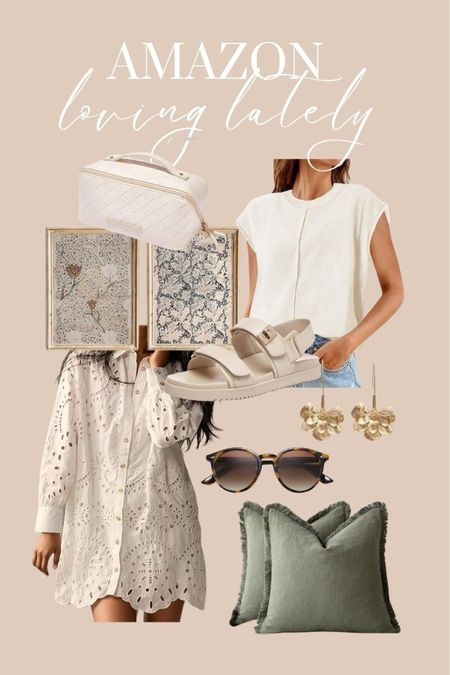 Amazon home  decor and fashion I’m Loving lately. Throw pillow covers, sage pillows, eyelet dress, Amazon spring top, wall art, Amazon makeup bag, Amazon sunglasses. Sandals. 

#LTKshoecrush #LTKhome #LTKfindsunder50