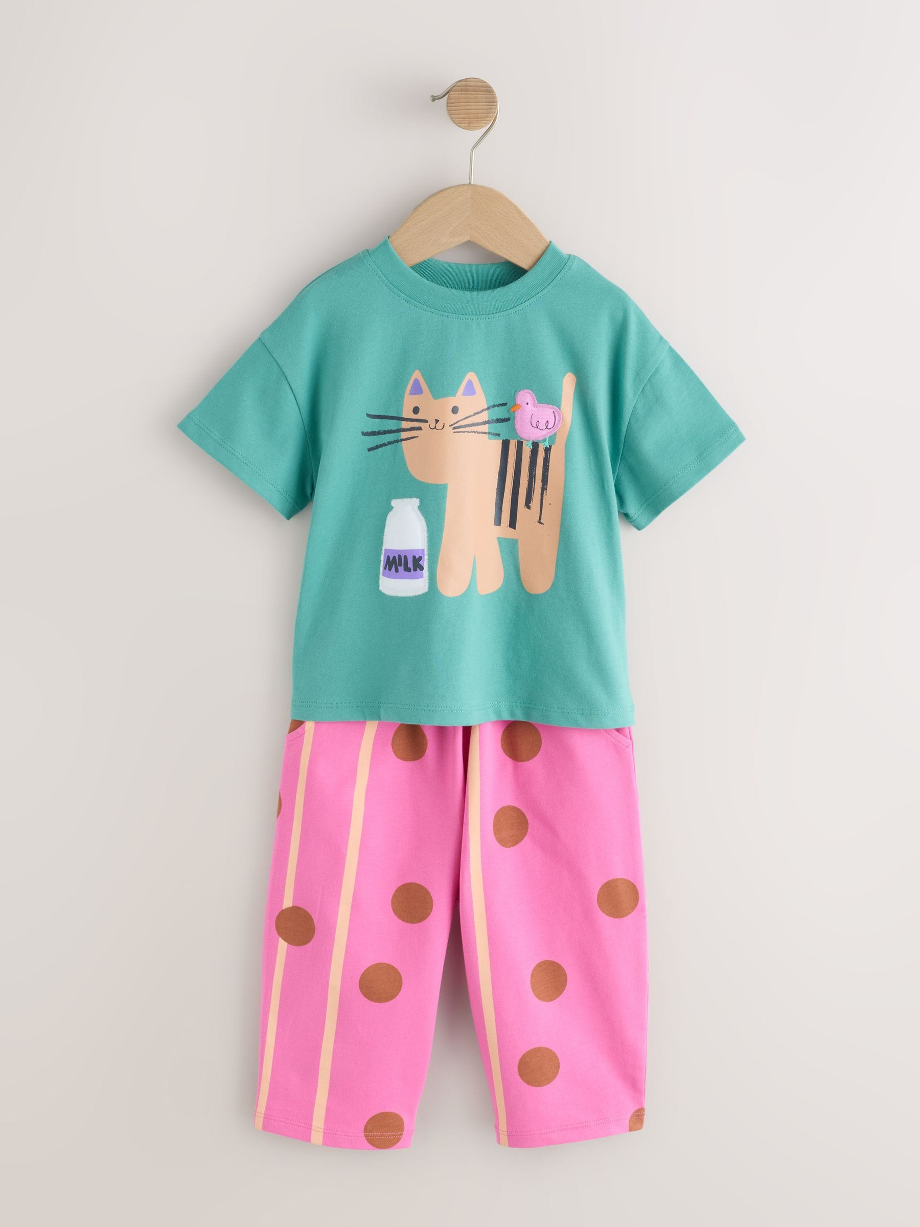 Next Green Cat Short Sleeve T-Shirt and Barrel Trousers Set (3mths-7yrs) | Next US