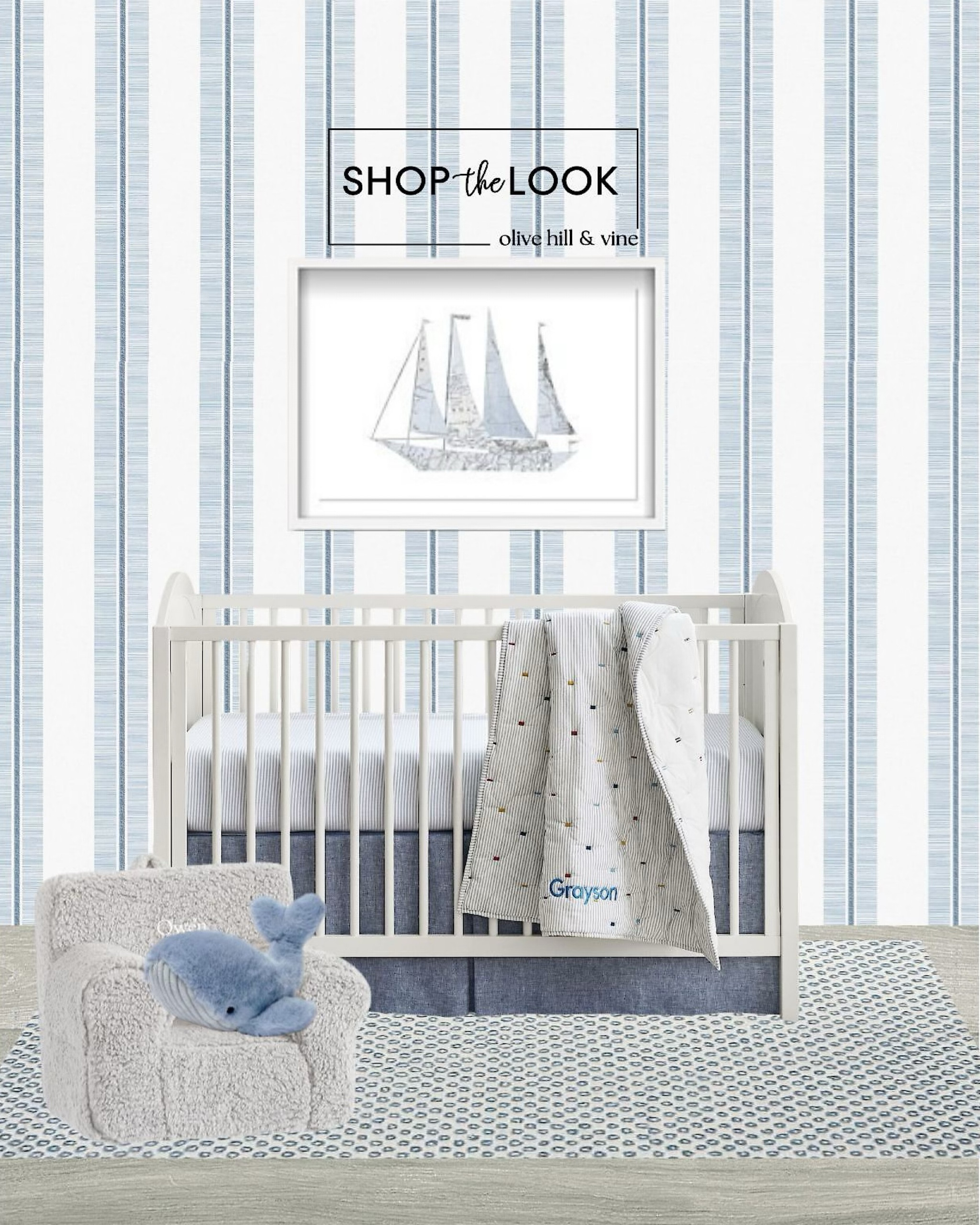 Set sail for sweet dreams in this charming boy's sailboat nursery. Featuring white furniture with classic arched details, blue stripe wallpaper, a textured dot rug, nautical bedding, sailboat map wall art, and cozy accents like a sherpa chair and plush whale.

#LTKBaby #LTKHome #LTKBump