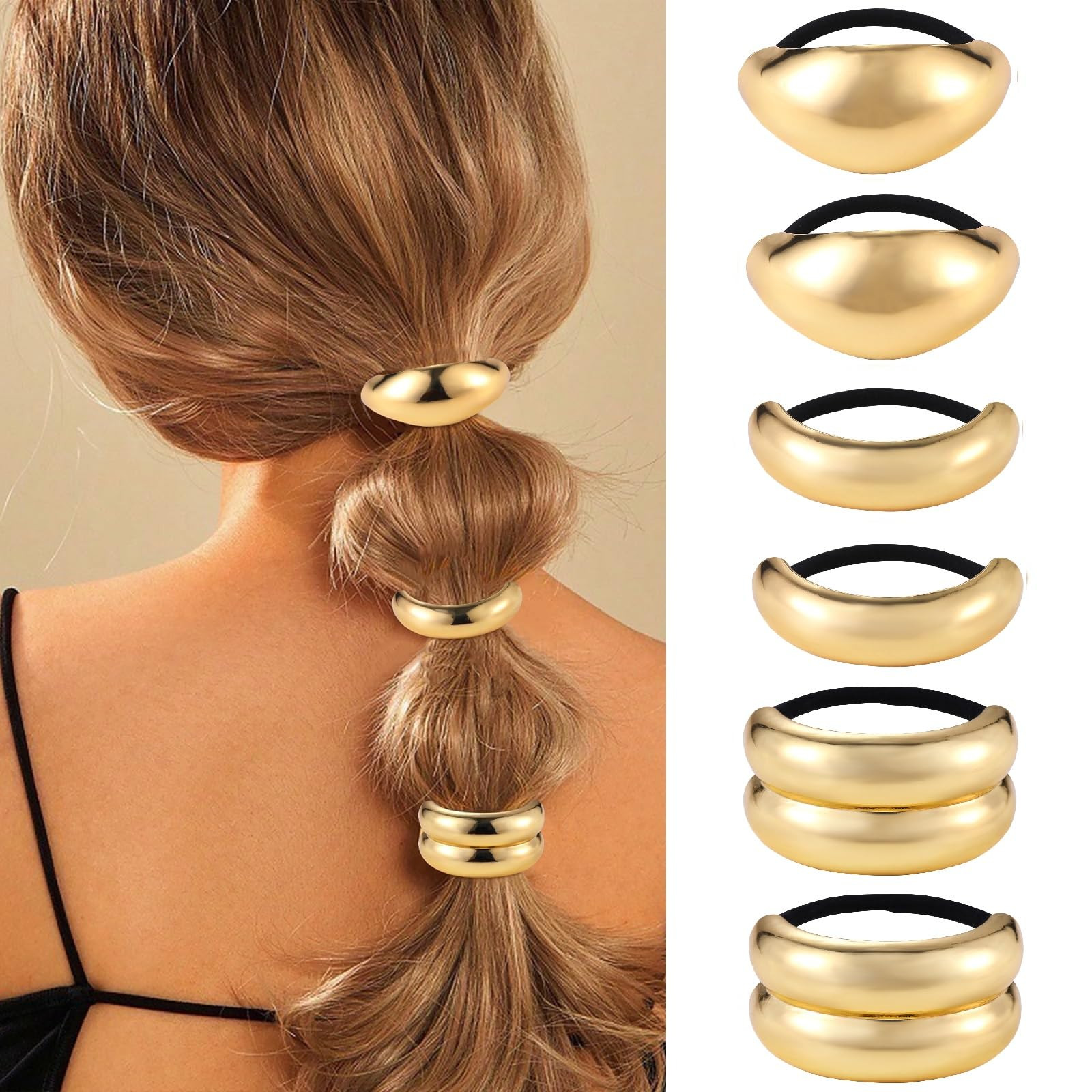 papasgix 6 PCS Metal Hair Tie, Gold and Silver Hair Cuffs, Ponytail Cuff with Elastic Ties, and H... | Amazon (US)
