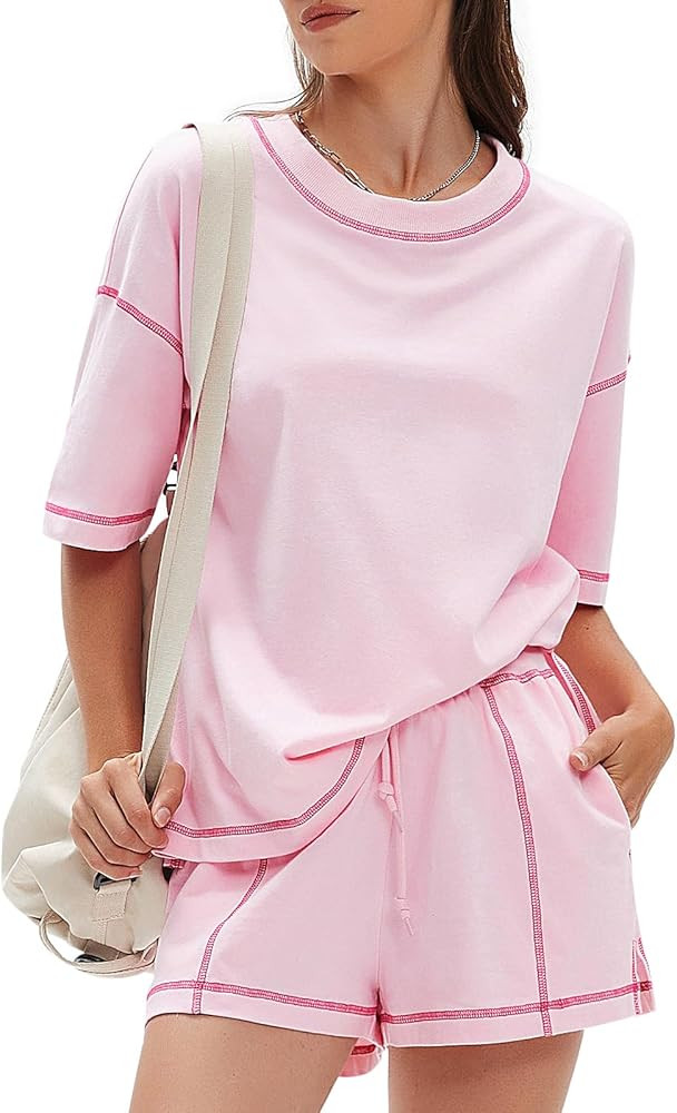 EXLURA Women's Casual Summer 2 Piece Sets 100% Cotton Short Sleeve Tshirt and Shorts Matching Swe... | Amazon (US)