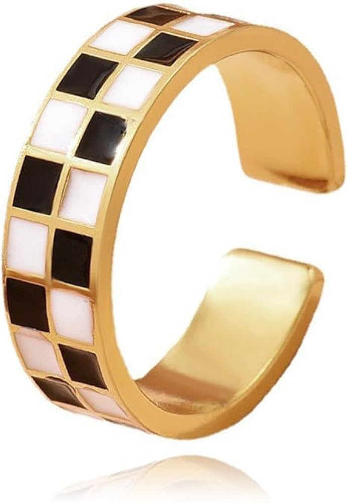 Adjustable Checkerboard Bands Statement Finger Ring 14K Gold Black White Titanium steel Band Open... | Amazon (US)