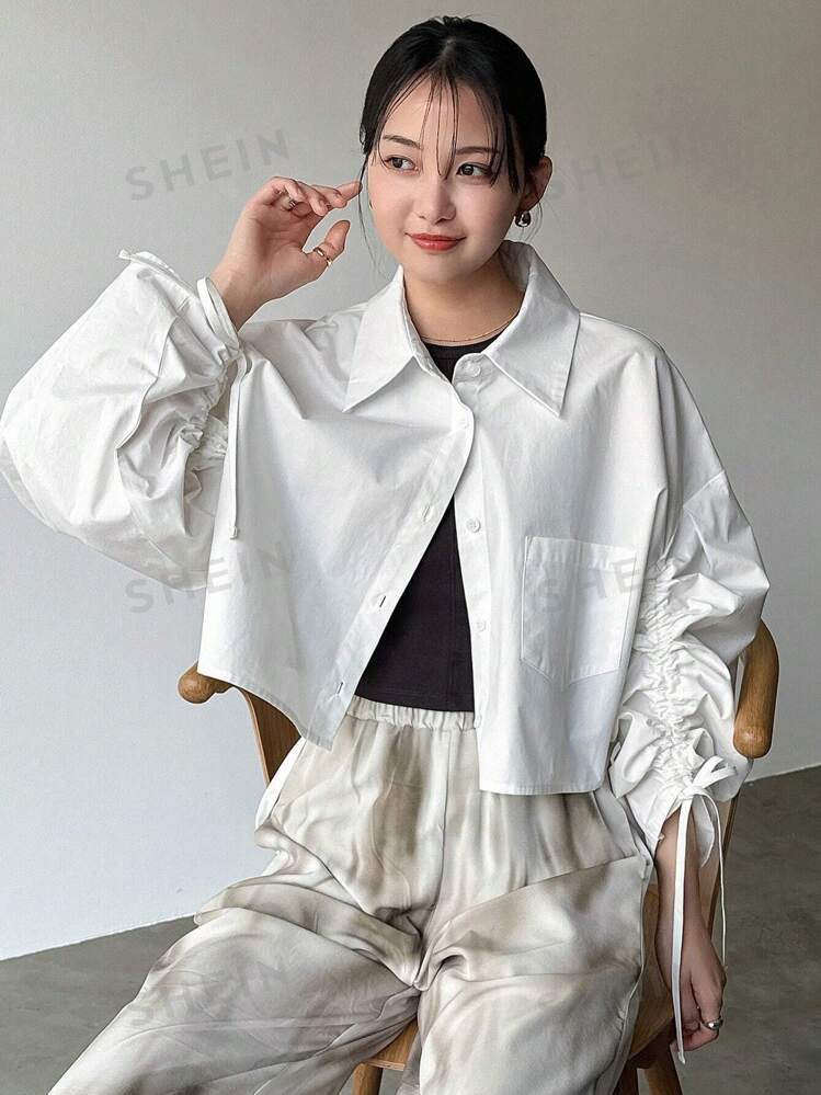 FRIFUL Women Plain Ruched Sleeve Simple Daily Boxy Shirt | SHEIN | SHEIN