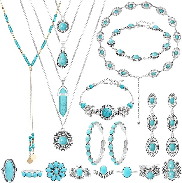 NEWITIN 20 Pieces Silver Bohemian Jewelry Set for Women Fashion Costume Jewels Turquoise Necklace... | Amazon (US)