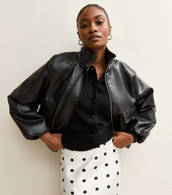 Black Faux Leather Funnel Neck Bomber Jacket | New Look | New Look (UK)