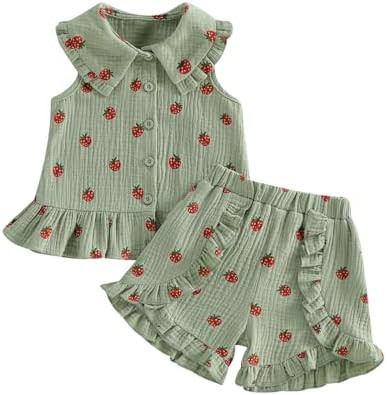 Baby Girl 2Pieces Outfit Strawberry Print Button Down Shirt Tops Cotton Shorts Toddler Little Gir... | Amazon (US)