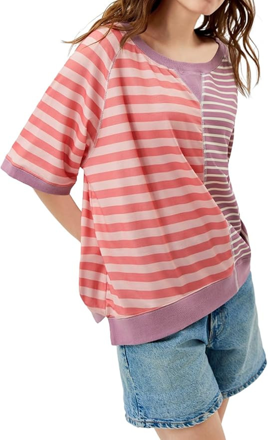 Tankaneo Womens Oversized T Shirts Summer Short Sleeve Striped Color Block Loose Fit Tops 2024 Tr... | Amazon (US)