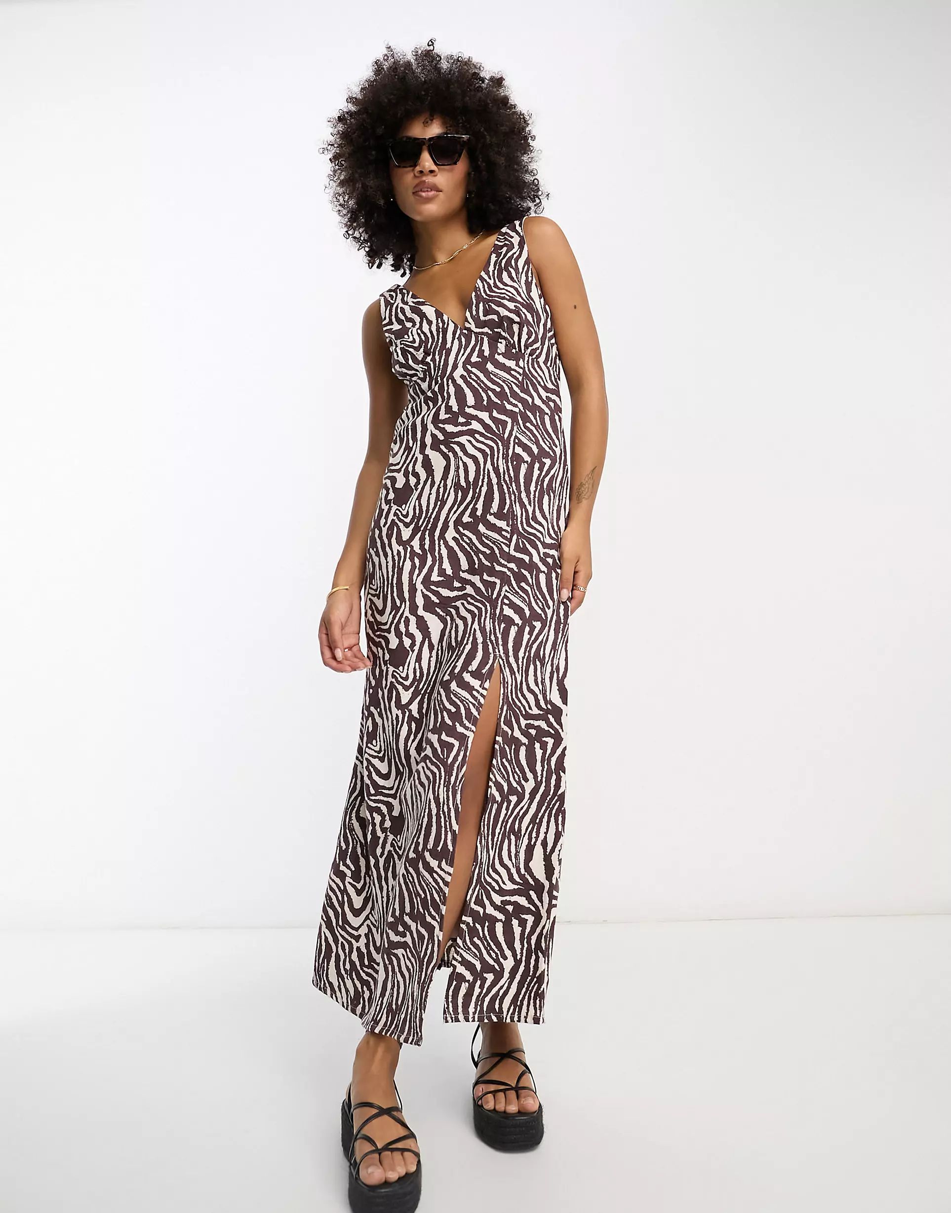 ASOS DESIGN linen v neck maxi slip sundress in natural zebra print | ASOS (Global)