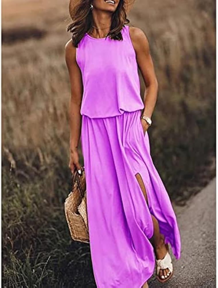 Summer Dresses for Women Casual Loose Sundress Split Maxi Dress Sleeveless Long Beach Dress Trave... | Amazon (US)