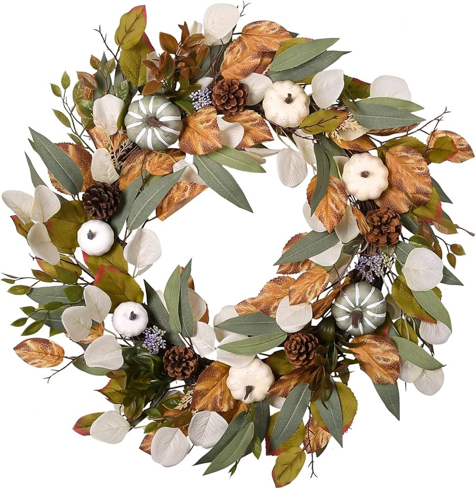 Beinhome Fall Wreath for Front Door, Fall Decor 24 Inch Autumn Maples Leaf Pumpkin Pine Cone Wrea... | Amazon (US)
