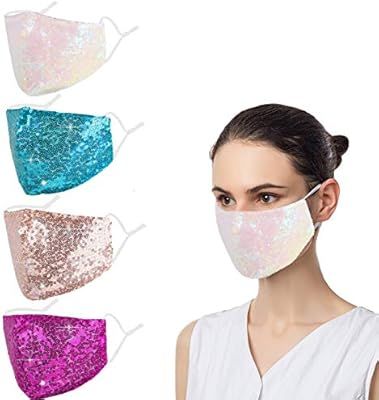 4 Pcs Glitter Sequin Face Cloth Mask - Reusable Bling Breathable Washable Designer for Women Masq... | Amazon (US)