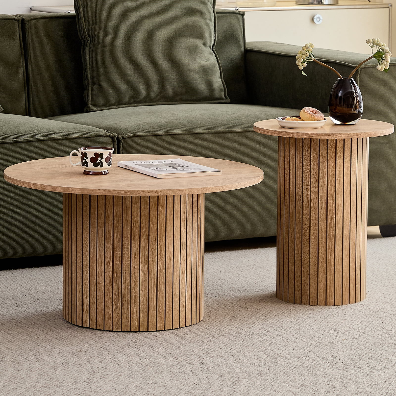 Round Nesting Coffee Tables Set 2 Piece for Living Room, Tall Boho Circle Side Tables with Fluted... | Walmart (US)