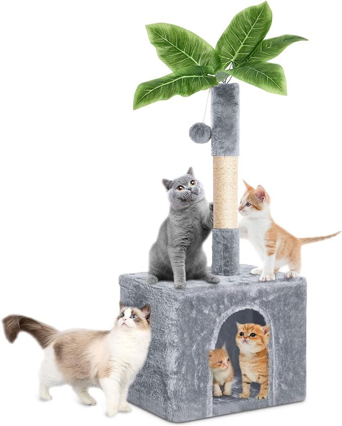41" Cat House Cat Tree for Indoor Kitten Small Cats with Green Leaves, Cozy Plush Indoor Plant De... | Amazon (US)