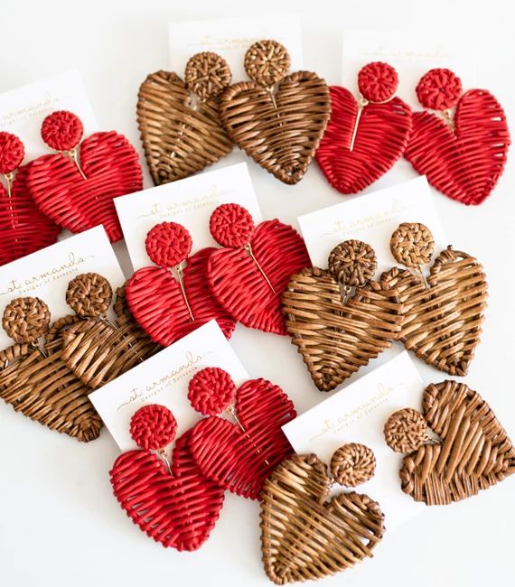 Red / Natural Brown Rattan Heart Statement Earrings, Valentines | Etsy (US)