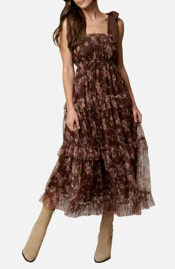 Blu Pepper Tie Strap Ruffle Tiered Floral Chiffon Midi Dress in Brown Multi at Nordstrom Rack, Size Medium | Nordstrom Rack