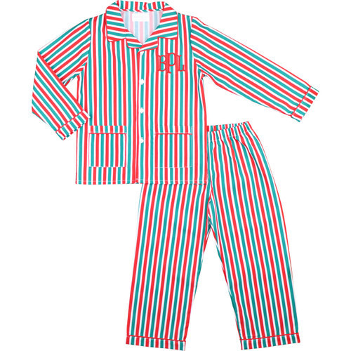 Green And Red Stripe Button Down Pajamas | Cecil and Lou