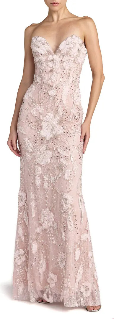 Floral Beaded Mesh Strapless Column Gown | Nordstrom