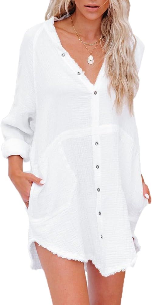siliteelon Women's Button Down Shirt Dresses with Pockets Cotton Button Up Tunics Long Sleeve V N... | Amazon (US)