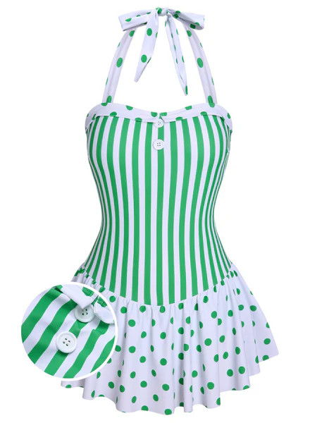 Green 1940s Polka Dots Stripes Halter Swimsuit | Retro Stage