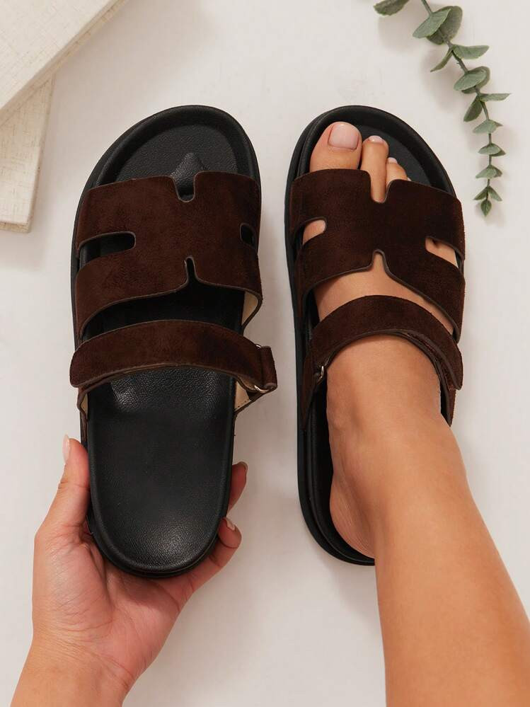 SHUZIA Women's Round Toe Double Band Flat Slider Sandals | SHEIN