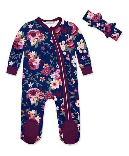 Navy & Purple Willow Floral Ruffle Footie & Soft Headband - Infant | Zulily