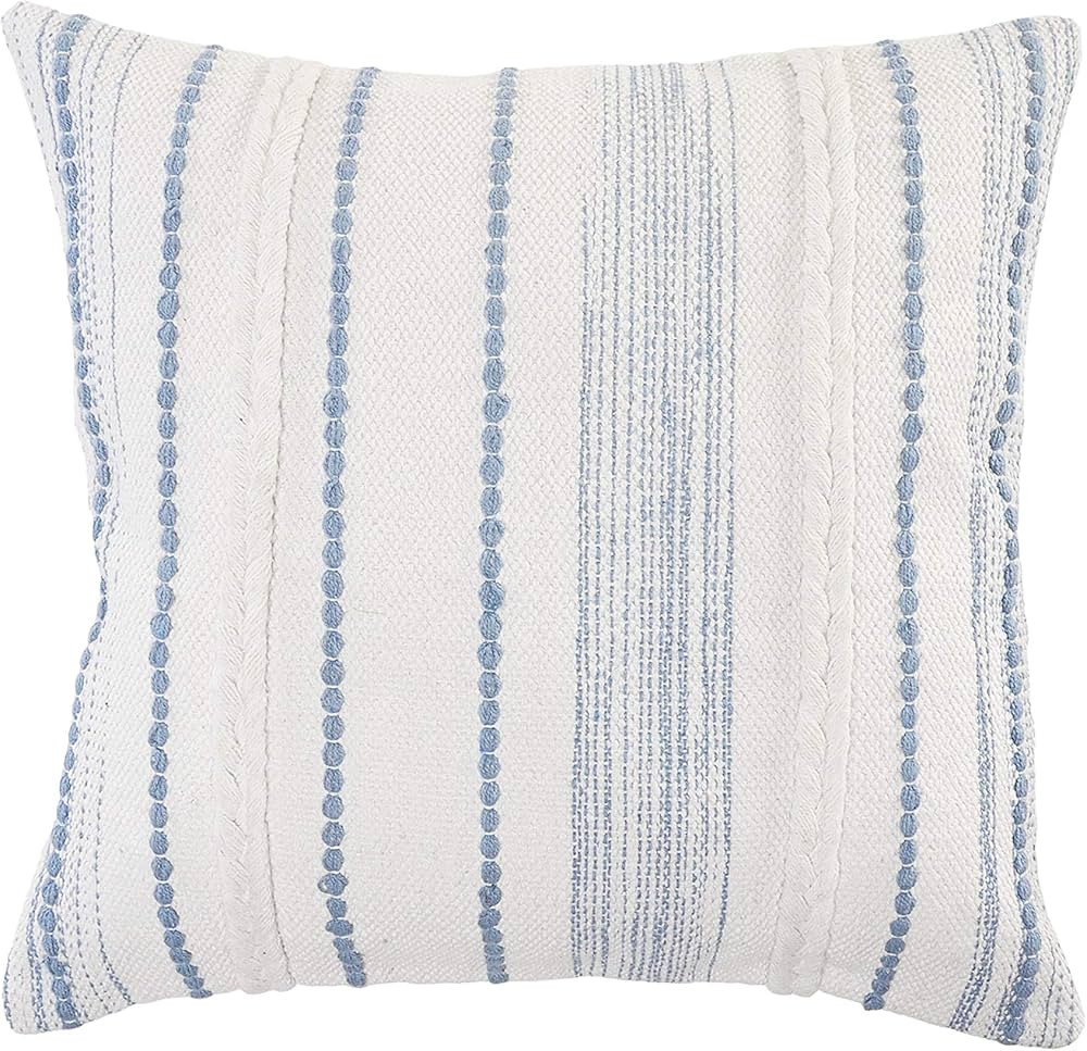 Ox Bay Hand-Woven White/Blue Stripe Organic Cotton Pillow Cover 20" x 20" | Amazon (US)