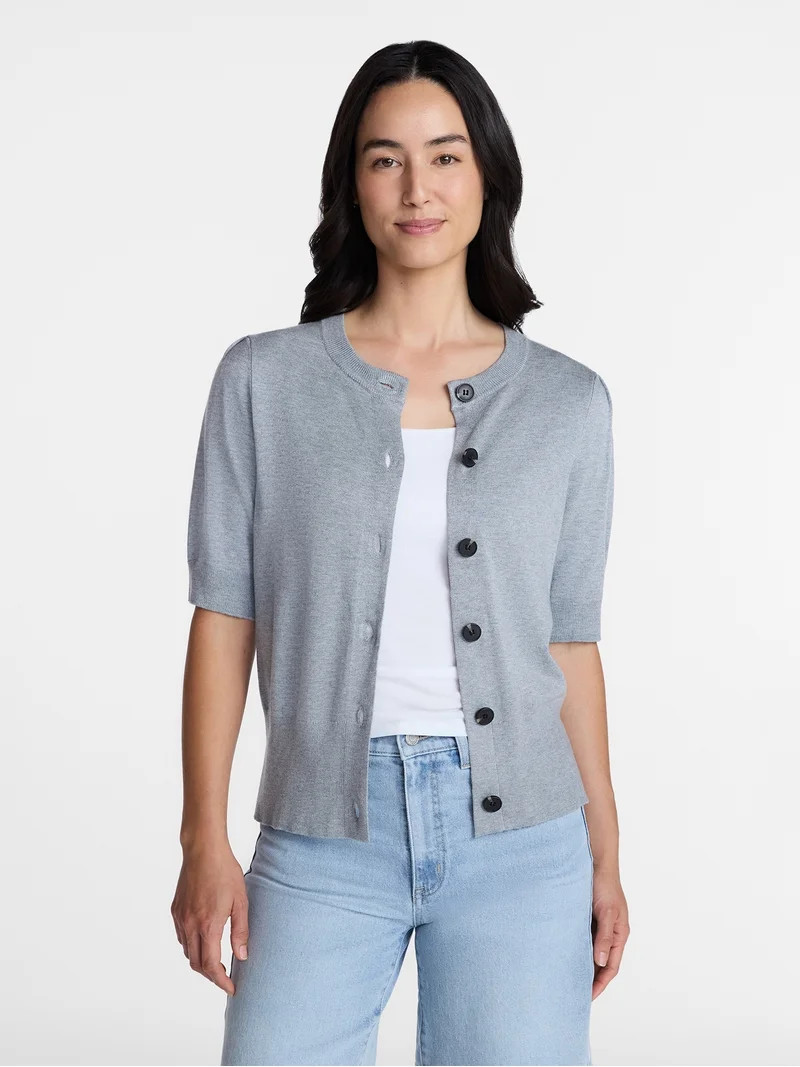 Time and Tru Woman's Crew Cardigan with Short Sleeves, Sizes XS-XXXL | Walmart (US)