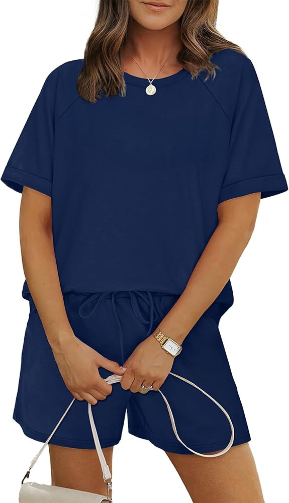 WIHOLL Two Piece Short Sets for Women Casual Summer Outfits Short Sleeve Crew Neck Lounge Matchin... | Amazon (US)