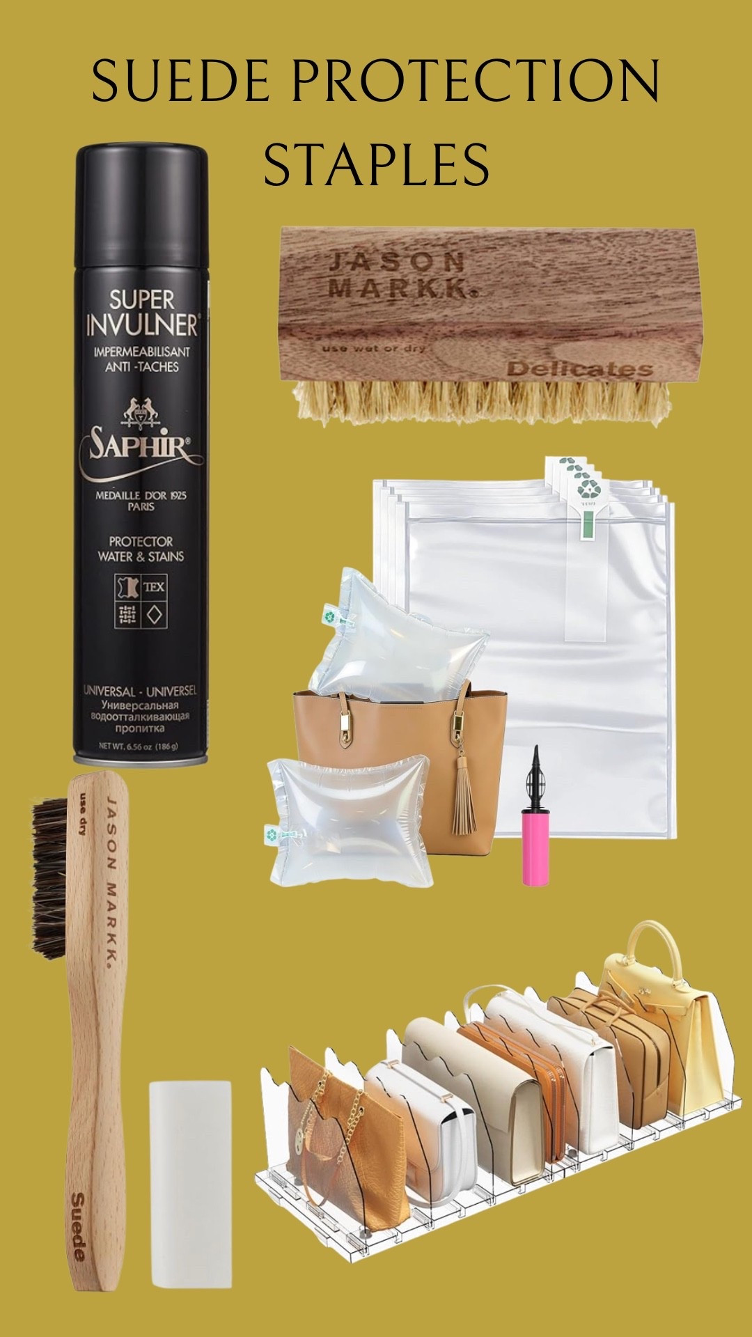 A few things I use to protect suede, treat suede, and store my bags!