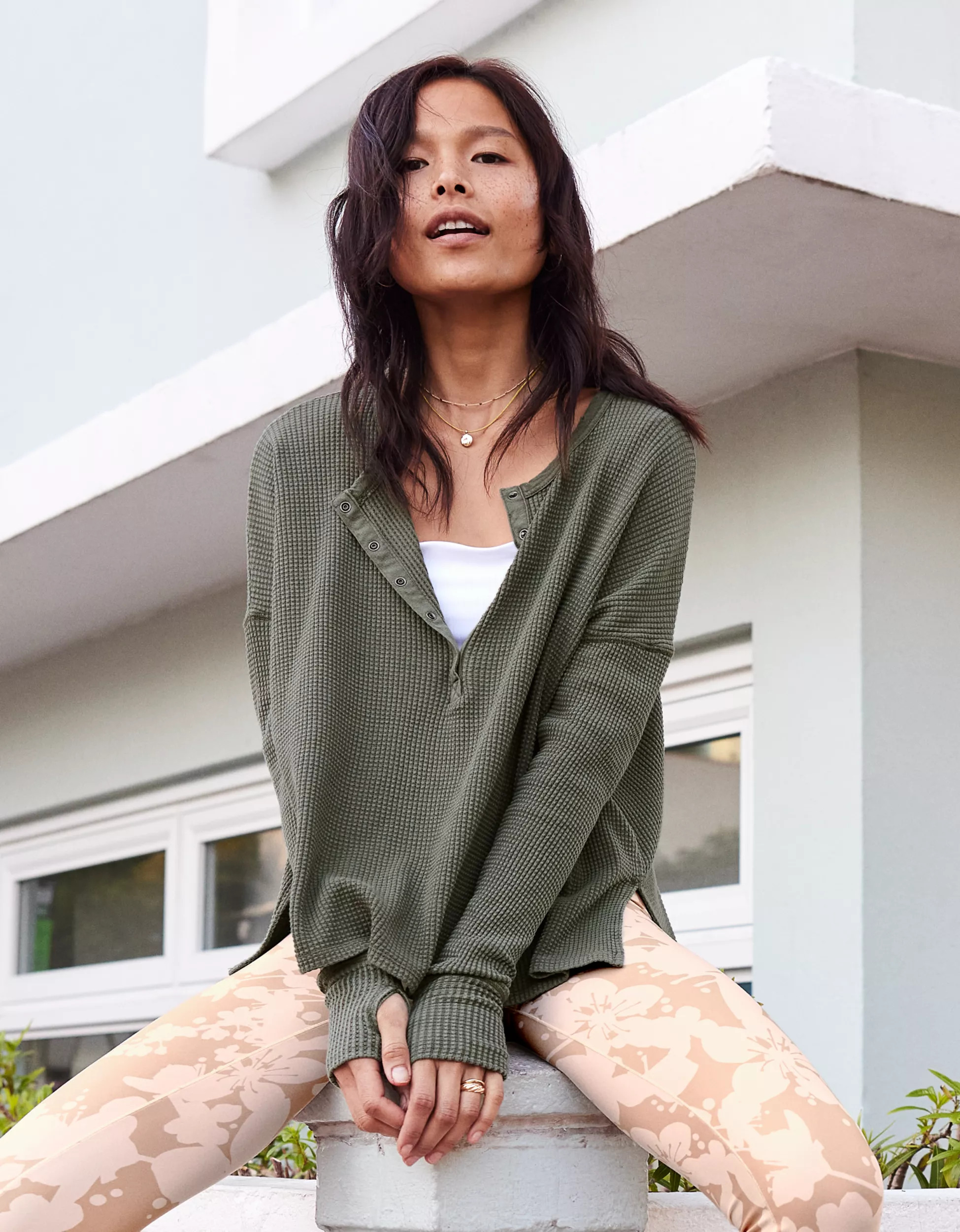 OFFLINE By Aerie Way Back Waffle Henley Long Sleeve T-Shirt | American Eagle Outfitters (US & CA)