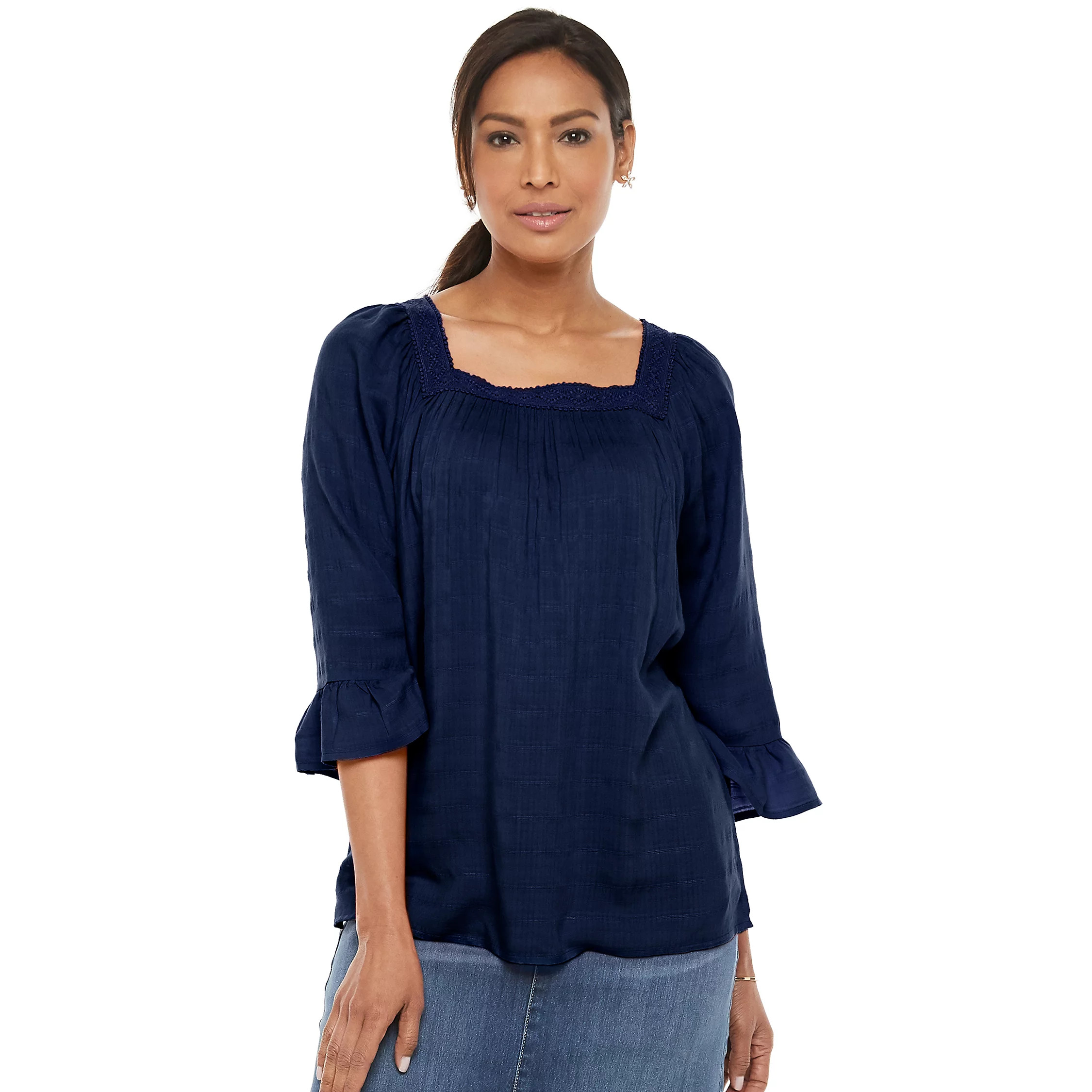Petite Croft & Barrow® Crochet Squareneck Peasant Top | Kohl's