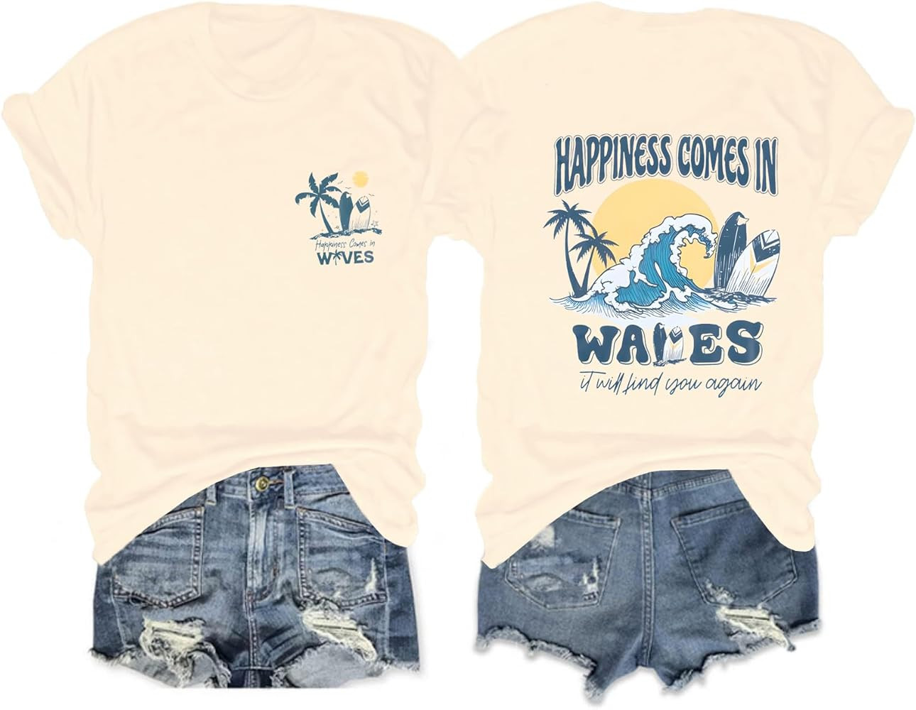 Women Oversized Hawaiian Shirts Happiness Comes in Waves Graphic Tees | Amazon (US)