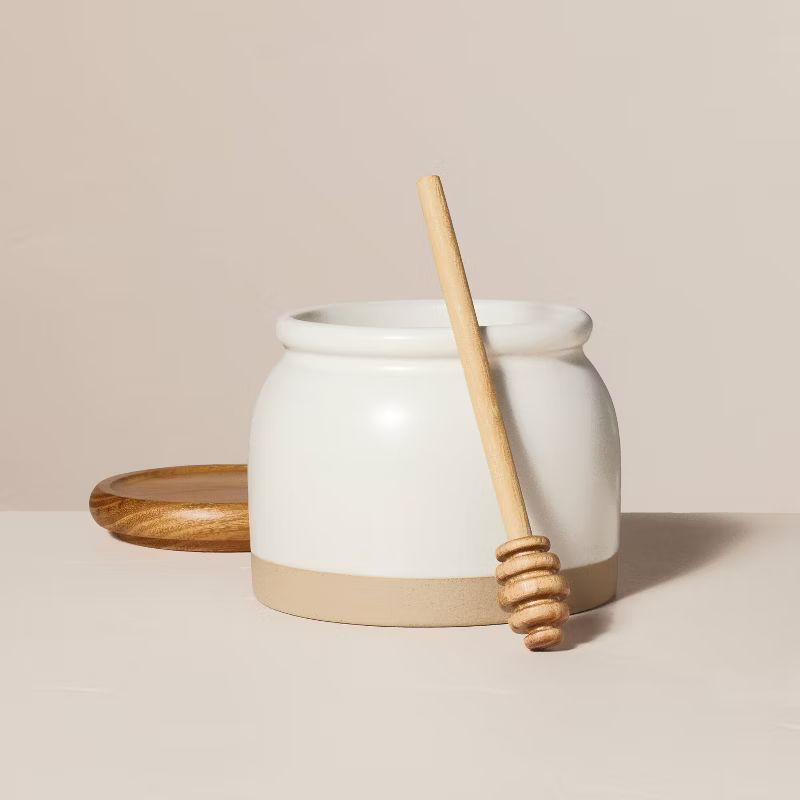 16oz Stoneware Honey Pot with Wood Dipper and Lid Cream/Clay - Hearth & Hand™ with Magnolia | Target