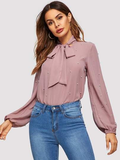Pearls Beaded Pussybow Blouson Sleeve Blouse | SHEIN