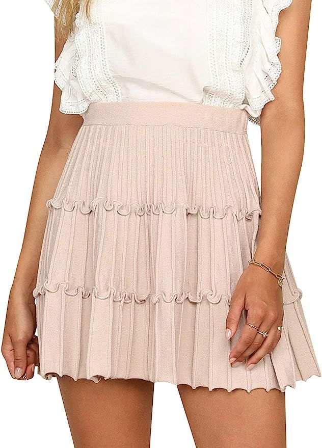 Simplee Women's Flared Pleated Ruffle Knitted A Line Mini Skater Skirt | Amazon (US)