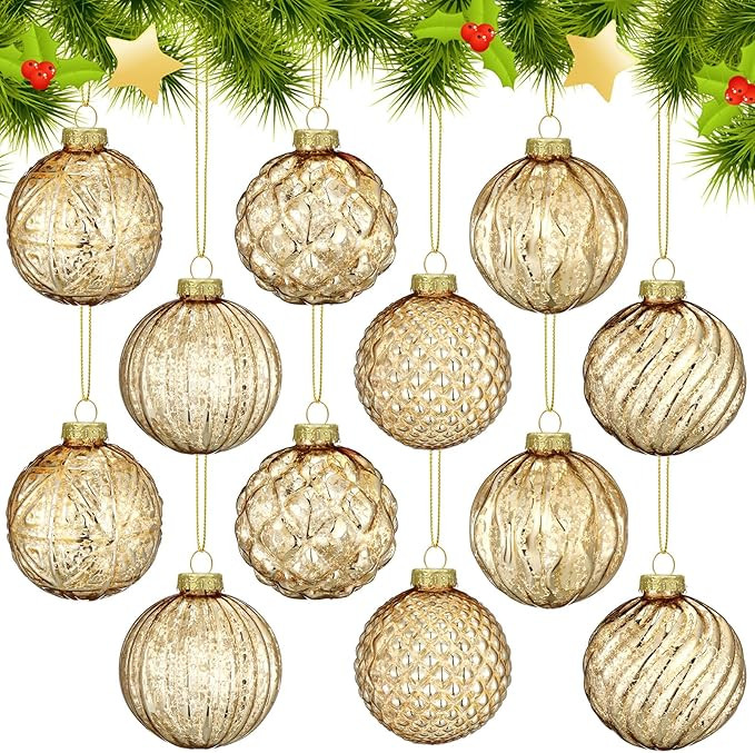 Jenaai 12 Pcs 2.36 Inch Gold Glass Christmas Ball Ornaments Vintage Christmas Tree Decorations Me... | Amazon (US)