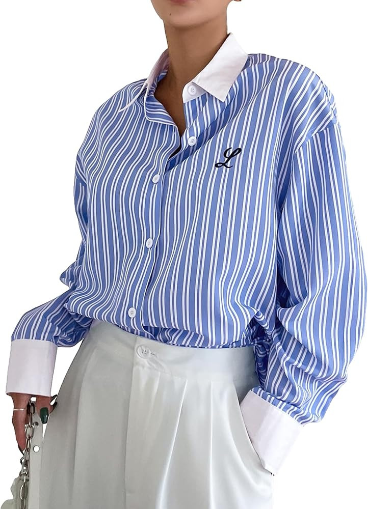 Milumia Women's Striped Button Up Shirt Drop Shoulder Collar Blouse Tops Blue and White Causal Wo... | Amazon (US)