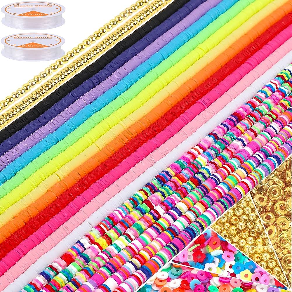 6700PCS Clay Beads for Bracelets Making Gold Beads Flat Beads Colorful Round Flower Shape Handmad... | Amazon (US)