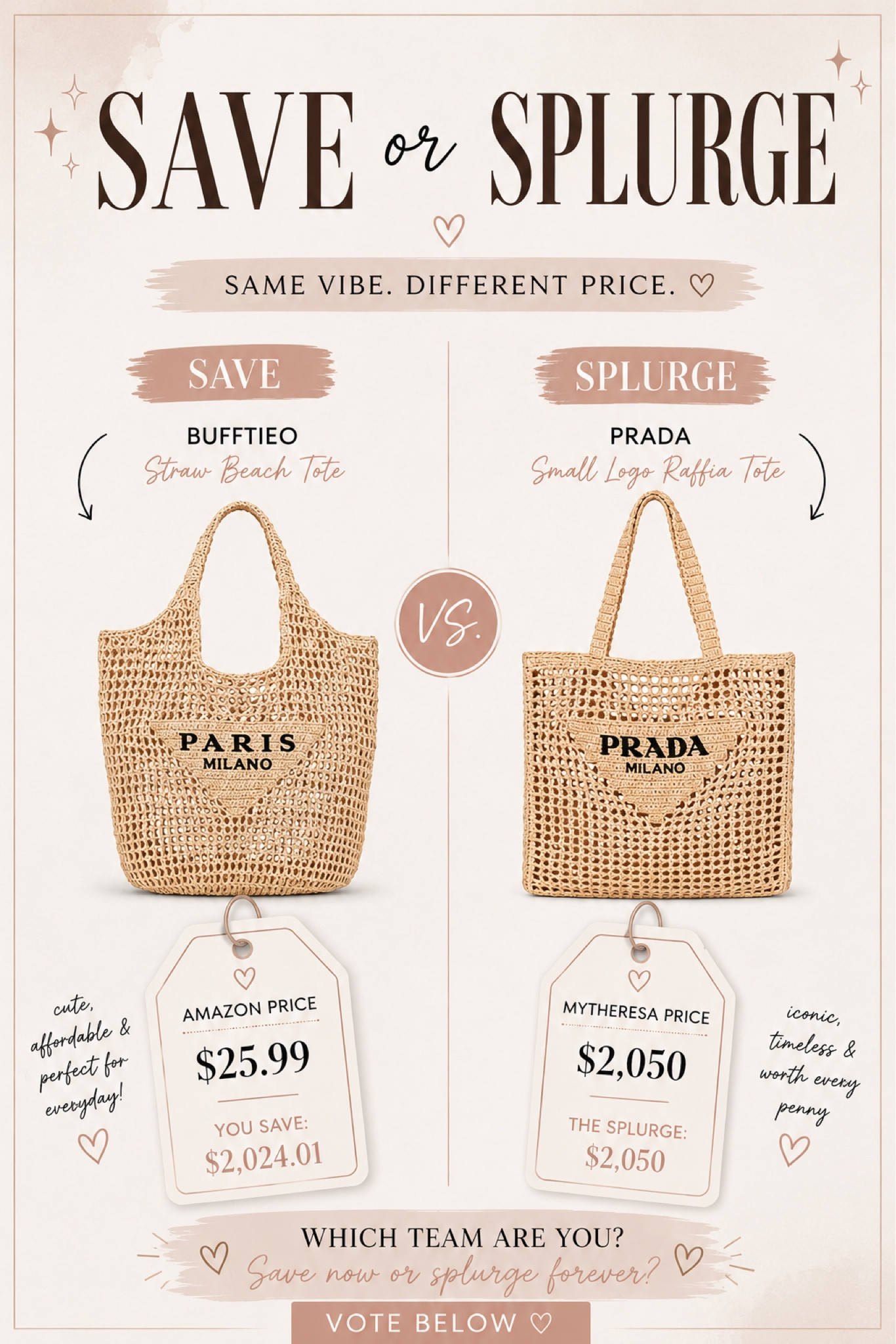 Okay but why does the Amazon version kinda eat too? 👀👜

I love a designer moment, but finding a raffia beach tote that gives the same effortless coastal luxury vibe for under $30 feels like a tiny fashion victory. ☀️✨

The Prada raffia tote is iconic, timeless, and definitely a dream bag… but the save option is giving vacation aesthetic, poolside brunch, farmers market strolls, and “I know how to pack a chic carry-on” energy for a fraction of the price.

So now I need to know…
Are you saving or splurging? 🤎

#saveorsplurge #pradabag #raffiatote #amazonfashionfinds #designerdupe #luxuryinspired #beachbag #summerstyle #quietluxury #coastalgrandmother #vacationstyle #designerfashion #affordablefashion #luxurystyle #fashionfinds #beachtote #oldmoneyaesthetic #amazonfinds #summerfashion #styleinspo

#LTKSaleAlert #LTKTravel #LTKSwim