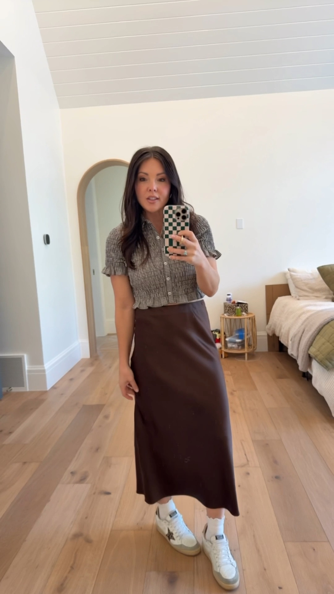 Silky shift skirt and ruffle button up crop shirt. 
Skirt comes in more colors and I’m wearing a xs so I sized down from my normal small size. 

Sneakers and ruffle socks 
Dressy/cassual. 

Zara finds 

#LTKSaleAlert #LTKFindsUnder50 #LTKStyleTip