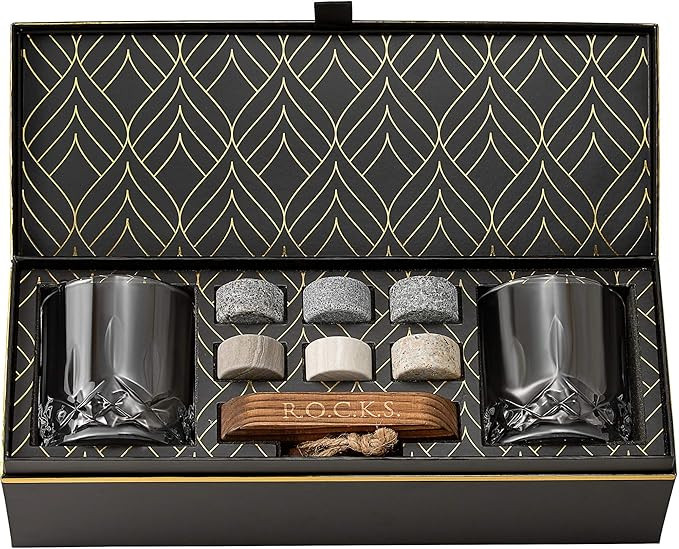 Whiskey Chilling Stones Gift Set - 6 Handcrafted Premium Granite Round Sipping Rocks - 2 Crystal ... | Amazon (US)
