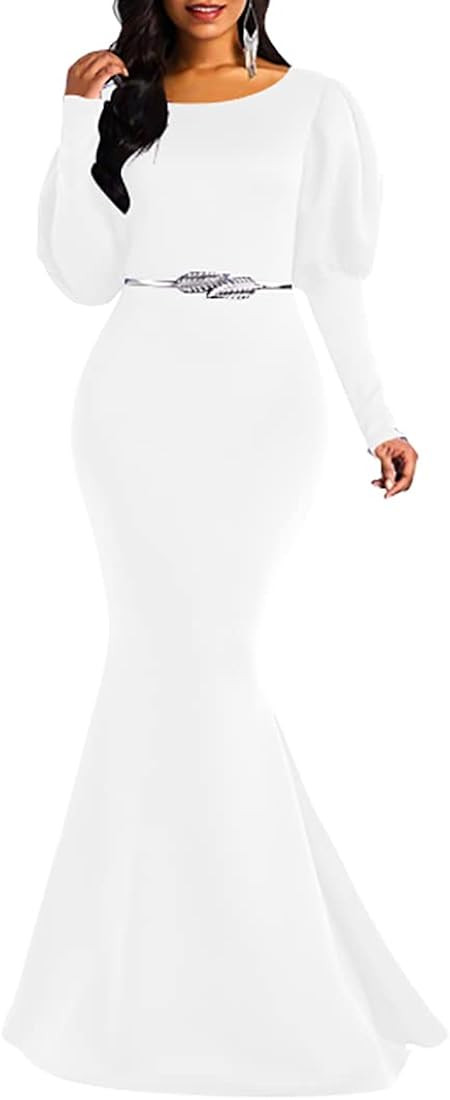 Memoriesea Women's Elegant Long Puff Sleeve Crew Neck Bodycon Mermaid Evening Gown Maxi Dress | Amazon (US)