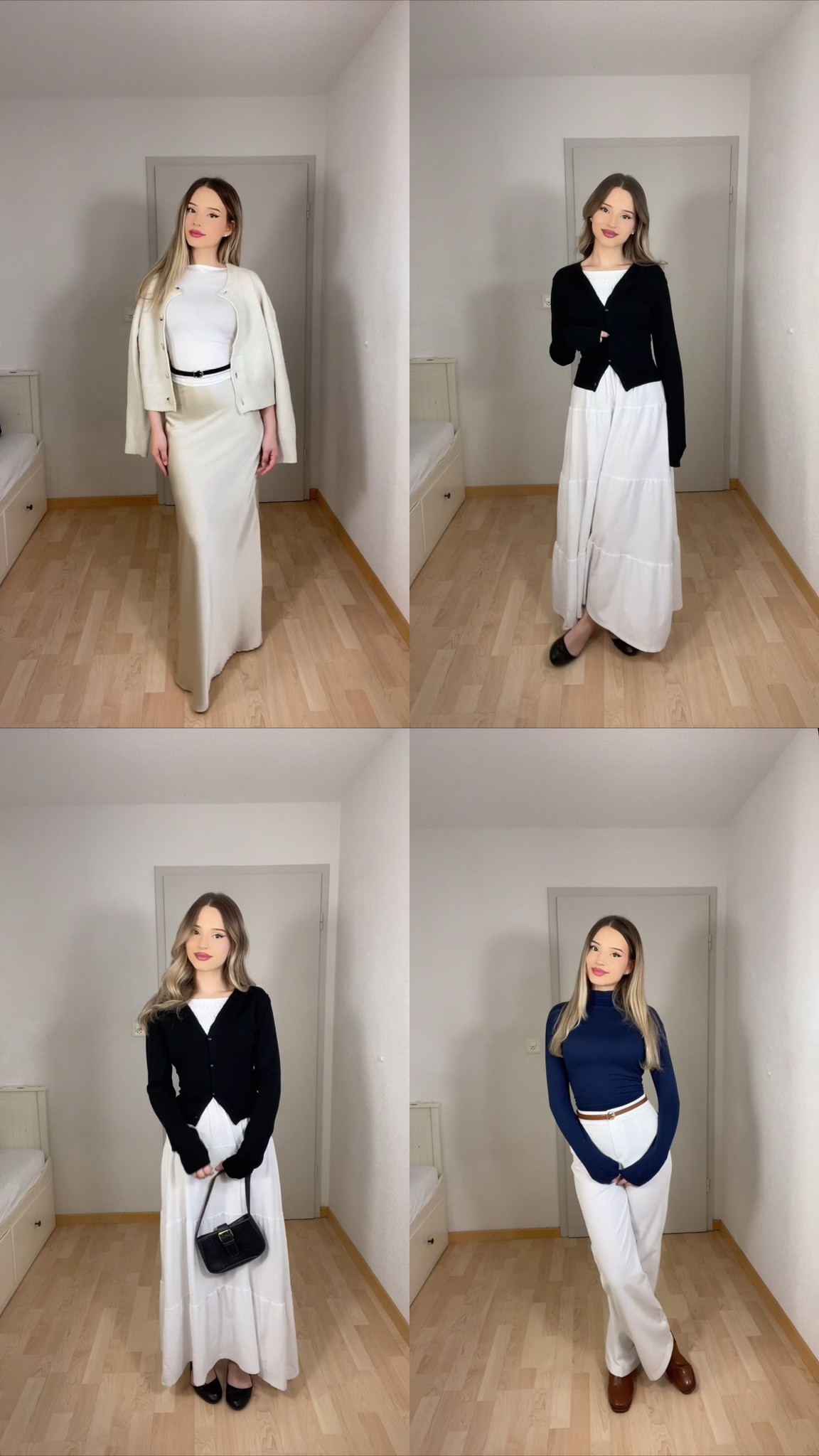 These outfits showcase timeless elegance with a focus on neutral tones and versatile silhouettes. Perfect for church, work, or any formal gathering, each look balances simplicity and sophistication. From the creamy monochrome skirt-and-blazer combination to the classic black cardigan paired with a flowy white maxi skirt, these ensembles are effortlessly polished. The navy turtleneck with wide-leg white pants adds a subtle pop of color, ideal for elevating your wardrobe while staying cozy and chic.

#ModestStyle #TimelessFashion #ElegantOutfits #NeutralTones #MinimalistWardrobe #ChurchStyle #ClassicChic #PolishedLook #ModestFashionInspo #CapsuleWardrobe #LTKModest #LTKUnder100 #StyleWithEase

#LTKWorkwear